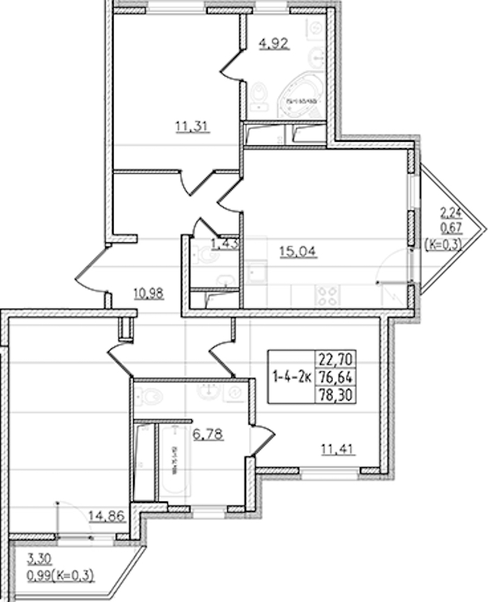 3-комнатная квартира 78.3 м², 10/19 эт., ЖК «Мурино Клаб»